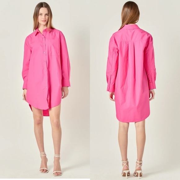 English Factory Classic Collared Shirt Dress Fuchsia Pink - Picture 1 of 9